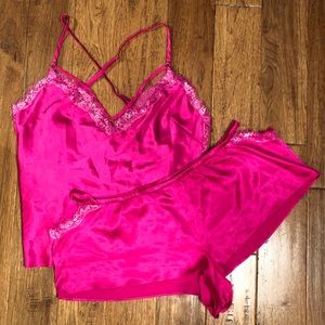 Victoria’s Secret Hot Pink Satin Lace Pajamas